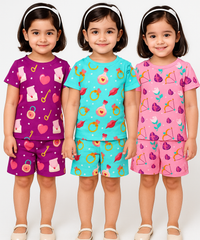 Girl Kids All Over Printed Co-ord Set | Tshirt and Shorts | Age 0 to 3 Years (Pack of 3 Sets)