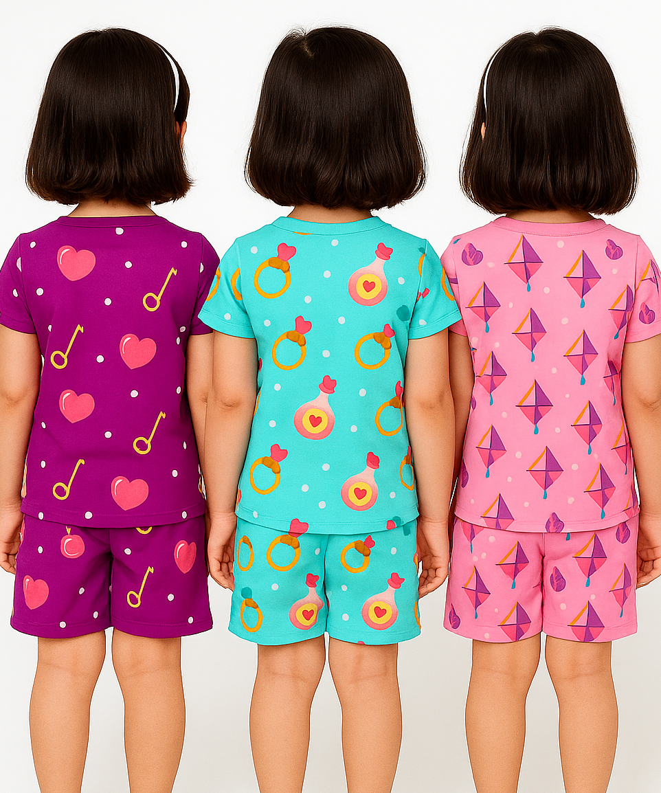 Girl Kids All Over Printed Co-ord Set | Tshirt and Shorts | Age 0 to 3 Years (Pack of 3 Sets)