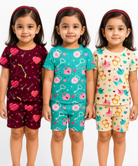 Girl Kids All Over Printed Co-ord Set | Tshirt and Shorts | Age 0 to 3 Years (Pack of 3 Sets)