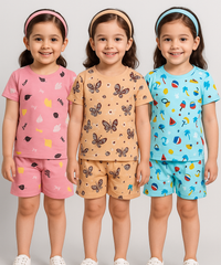 Girl Kids All Over Printed Co-ord Set | Tshirt and Shorts | Age 0 to 3 Years (Pack of 3 Sets)