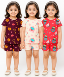 Girl Kids All Over Printed Co-ord Set | Tshirt and Shorts | Age 0 to 3 Years (Pack of 3 Sets)
