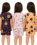 Girl Kids All Over Printed Co-ord Set | Tshirt and Shorts | Age 0 to 3 Years (Pack of 3 Sets)