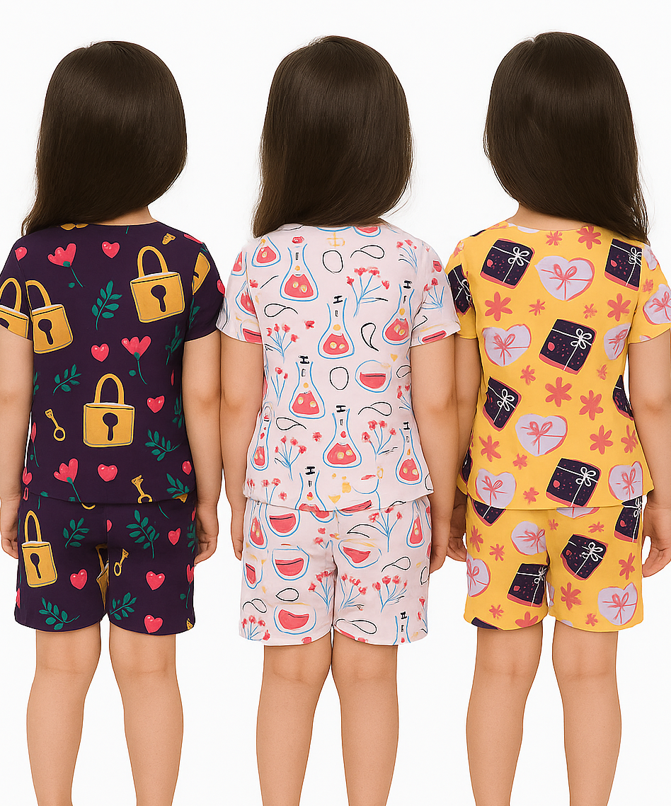 Girl Kids All Over Printed Co-ord Set | Tshirt and Shorts | Age 0 to 3 Years (Pack of 3 Sets)