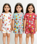 Girl Kids All Over Printed Co-ord Set | Tshirt and Shorts | Age 0 to 3 Years (Pack of 3 Sets)