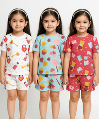 Girl Kids All Over Printed Co-ord Set | Tshirt and Shorts | Age 0 to 3 Years (Pack of 3 Sets)