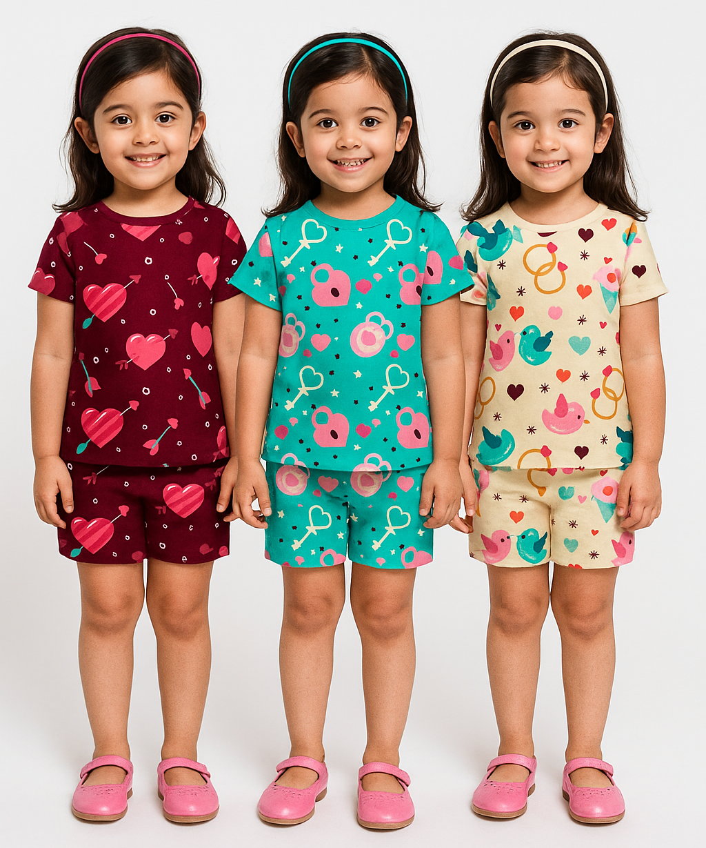 Girl Kids All Over Printed Co-ord Set | Tshirt and Shorts | Age 0 to 3 Years (Pack of 3 Sets)