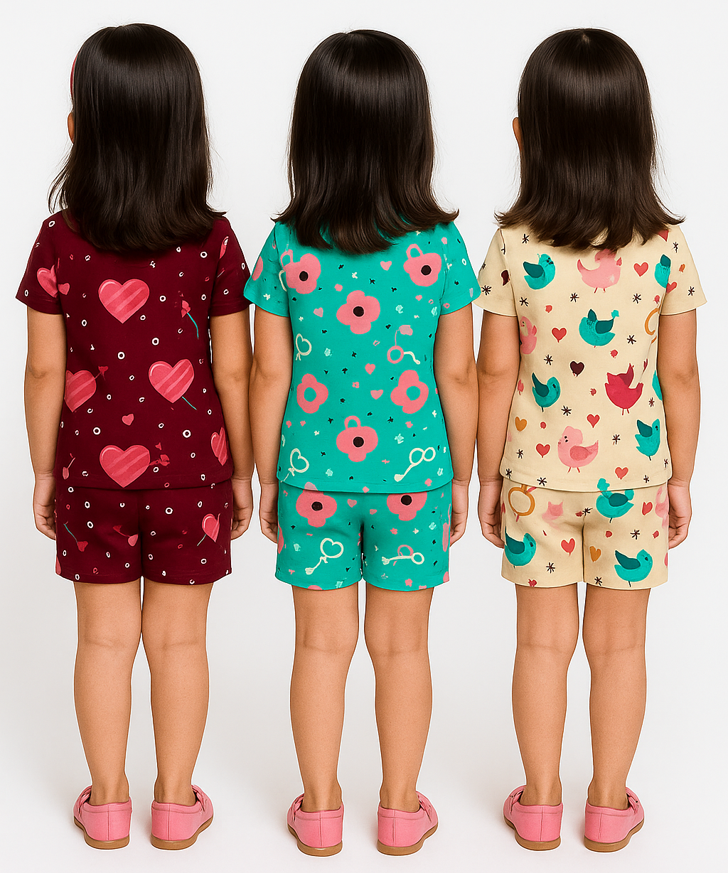 Girl Kids All Over Printed Co-ord Set | Tshirt and Shorts | Age 0 to 3 Years (Pack of 3 Sets)