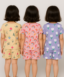 Girl Kids All Over Printed Co-ord Set | Tshirt and Shorts | Age 0 to 3 Years (Pack of 3 Sets)