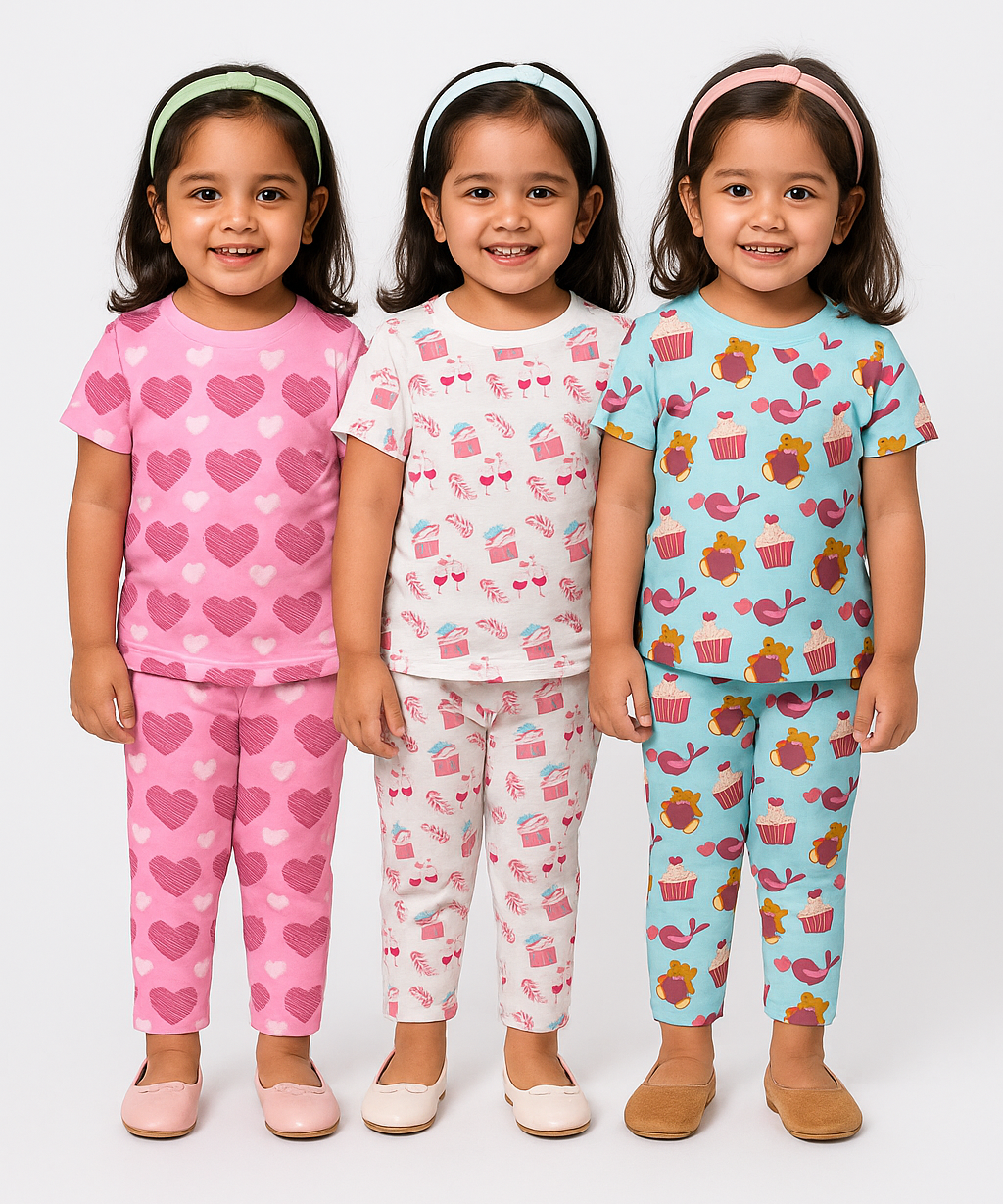 Girl Kids All Over Printed Co-ord Set | Tshirt and Pant | Age 3 to 6 Years (Pack of 3 Sets)