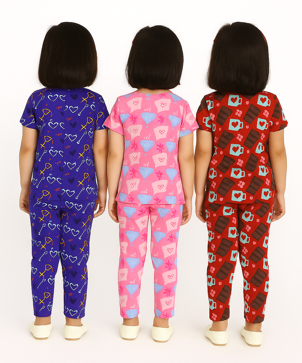 Girl Kids All Over Printed Co-ord Set | Tshirt and Pant | Age 3 to 6 Years (Pack of 3 Sets)