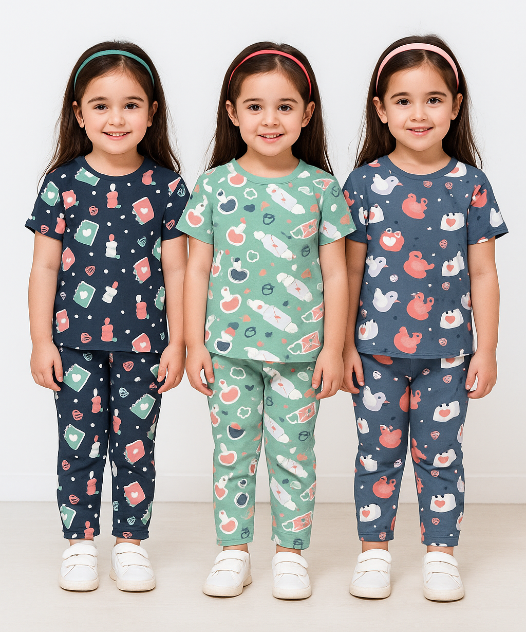 Girl Kids All Over Printed Co-ord Set | Tshirt and Pant | Age 3 to 6 Years (Pack of 3 Sets)