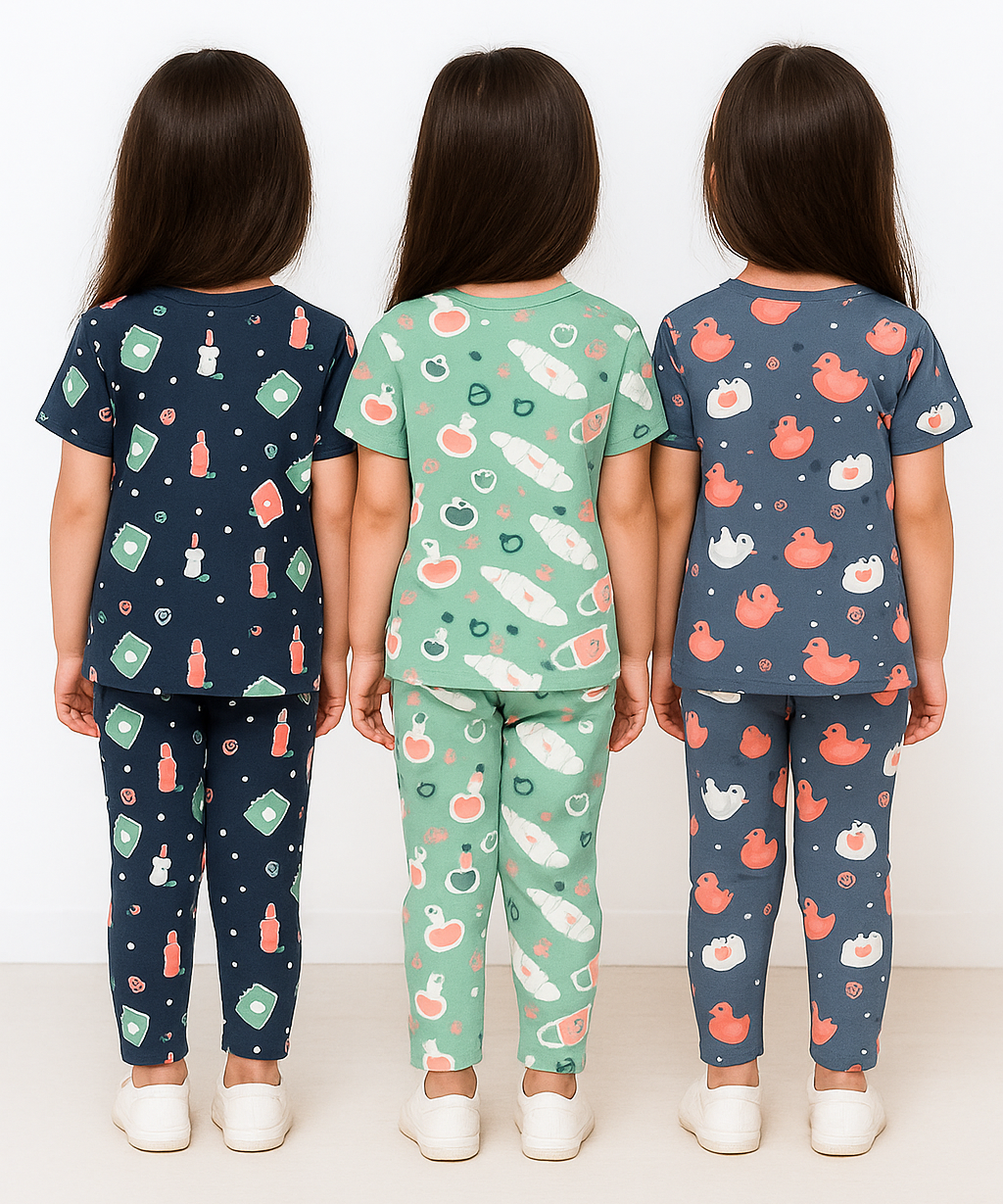 Girl Kids All Over Printed Co-ord Set | Tshirt and Pant | Age 3 to 6 Years (Pack of 3 Sets)