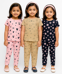 Girl Kids All Over Printed Co-ord Set | Tshirt and Pant | Age 3 to 6 Years (Pack of 3 Sets)