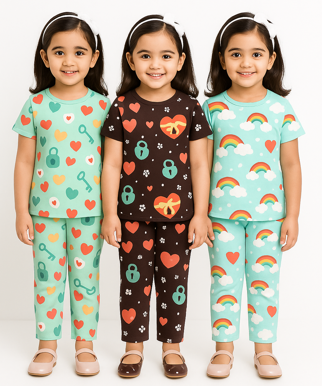 Girl Kids All Over Printed Co-ord Set | Tshirt and Pant | Age 3 to 6 Years (Pack of 3 Sets)