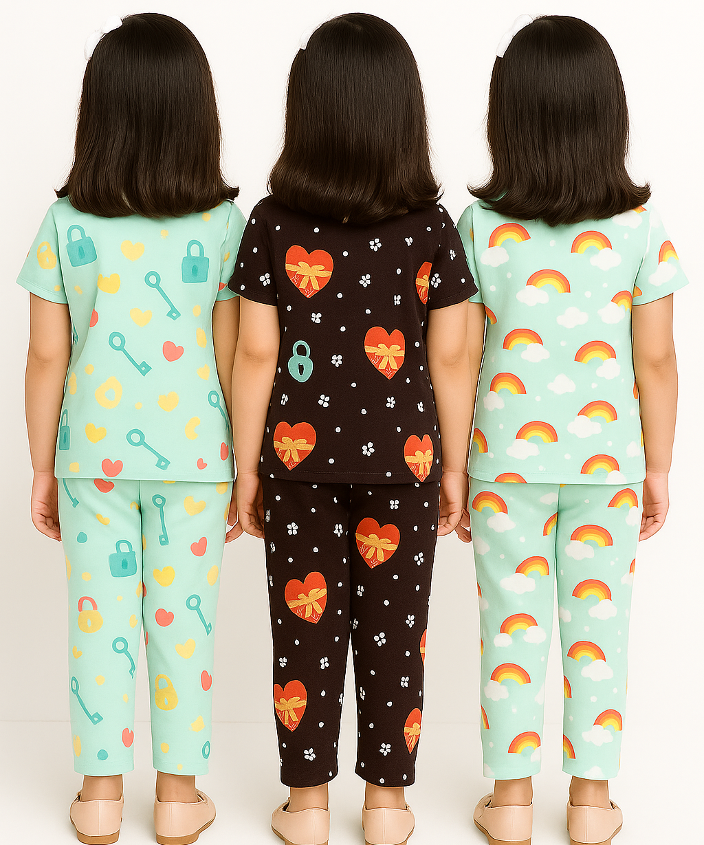 Girl Kids All Over Printed Co-ord Set | Tshirt and Pant | Age 3 to 6 Years (Pack of 3 Sets)