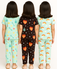 Girl Kids All Over Printed Co-ord Set | Tshirt and Pant | Age 3 to 6 Years (Pack of 3 Sets)