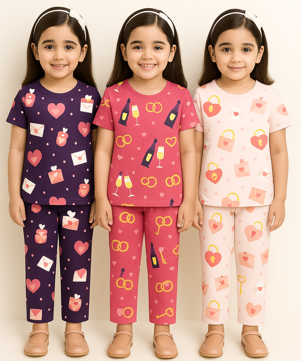 Girl Kids All Over Printed Co-ord Set | Tshirt and Pant | Age 3 to 6 Years (Pack of 3 Sets)