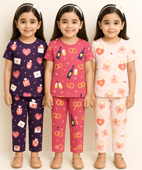 Girl Kids All Over Printed Co-ord Set | Tshirt and Pant | Age 3 to 6 Years (Pack of 3 Sets)