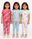 Girl Kids All Over Printed Co-ord Set | Tshirt and Pant | Age 3 to 6 Years (Pack of 3 Sets)