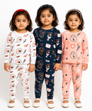 Girl Kids All Over Printed Co-ord Set | Tshirt and Pant | Age 3 to 6 Years (Pack of 3 Sets)