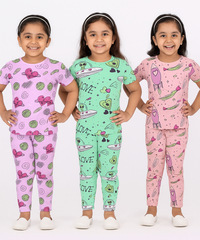 Girl Kids All Over Printed Co-ord Set | Tshirt and Pant | Age 3 to 6 Years (Pack of 3 Sets)