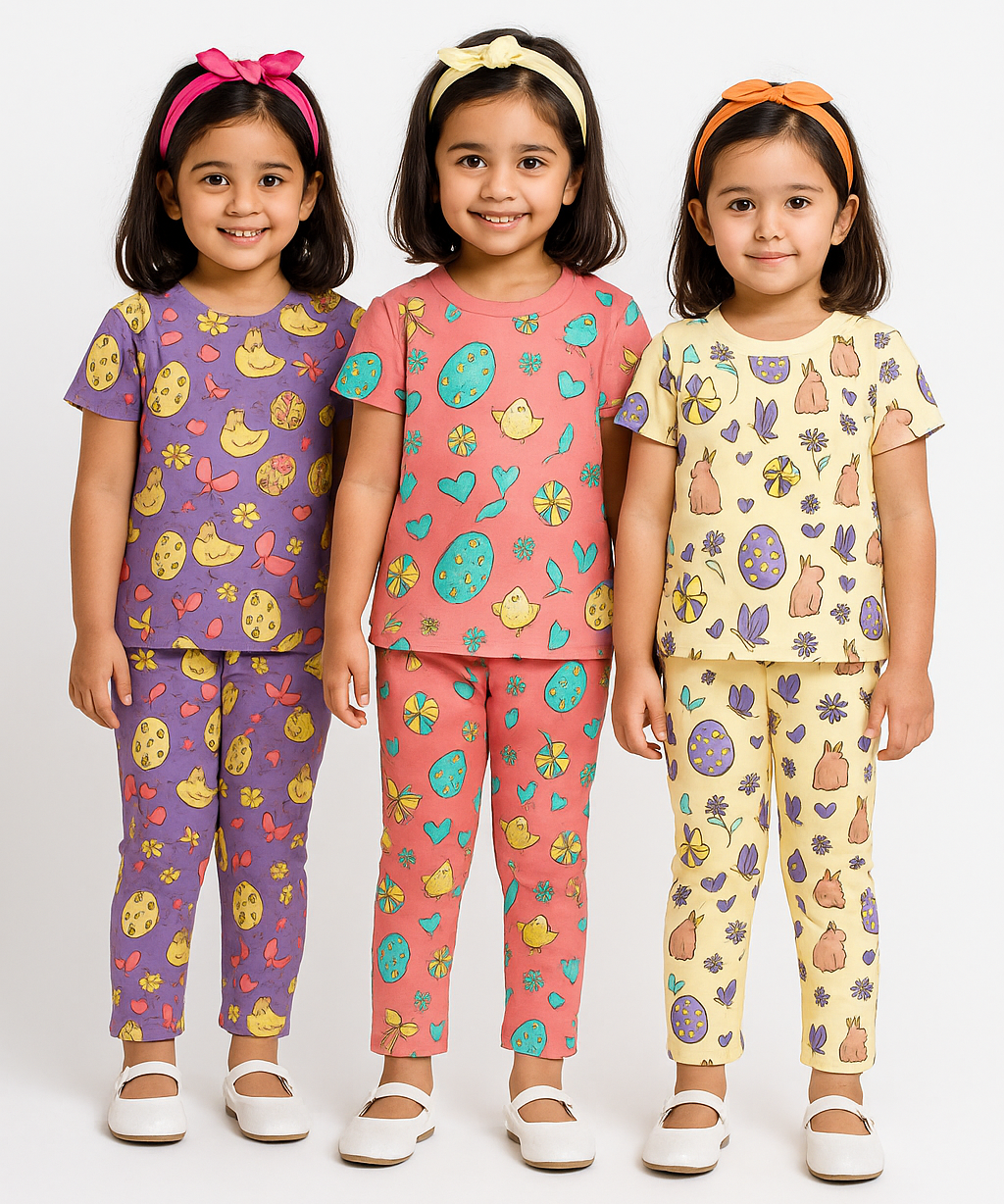 Girl Kids All Over Printed Co-ord Set | Tshirt and Pant | Age 3 to 6 Years (Pack of 3 Sets)
