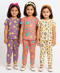 Girl Kids All Over Printed Co-ord Set | Tshirt and Pant | Age 3 to 6 Years (Pack of 3 Sets)