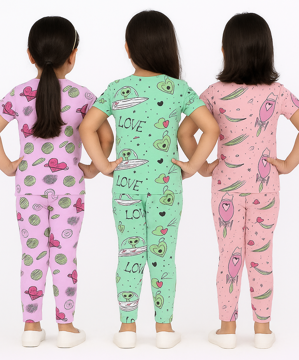 Girl Kids All Over Printed Co-ord Set | Tshirt and Pant | Age 3 to 6 Years (Pack of 3 Sets)