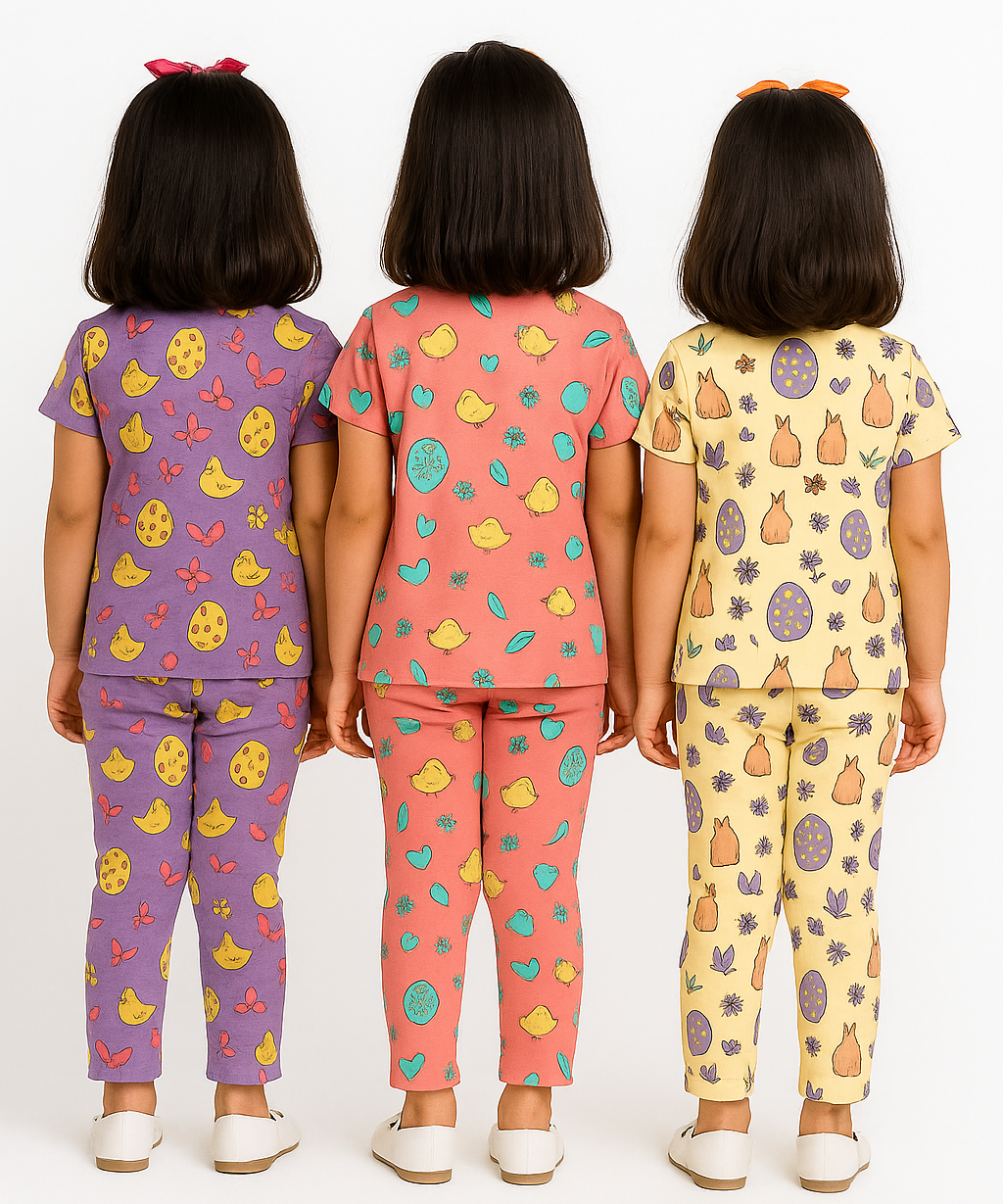 Girl Kids All Over Printed Co-ord Set | Tshirt and Pant | Age 3 to 6 Years (Pack of 3 Sets)