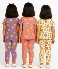 Girl Kids All Over Printed Co-ord Set | Tshirt and Pant | Age 3 to 6 Years (Pack of 3 Sets)