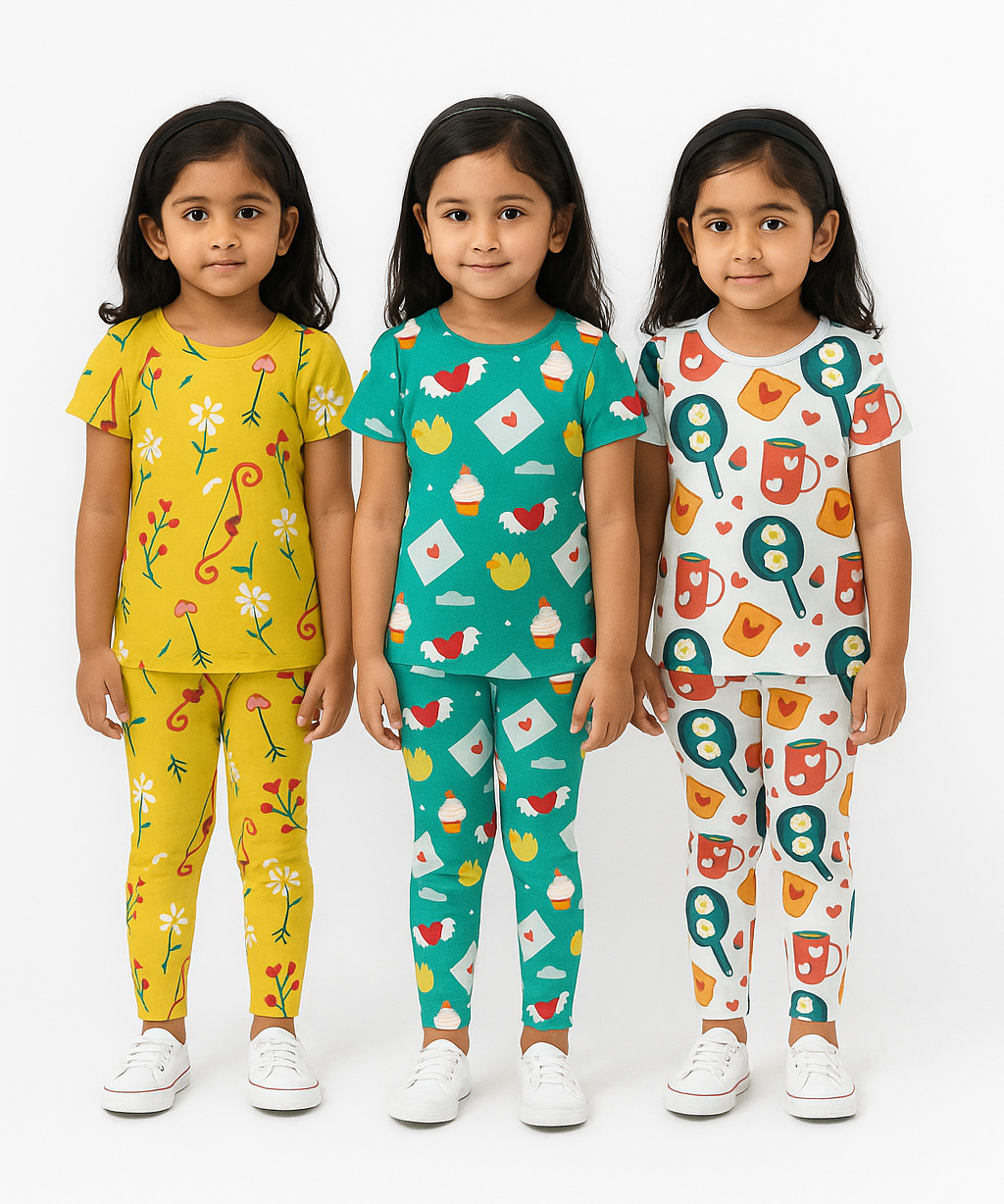 Girl Kids All Over Printed Co-ord Set | Tshirt and Pant | Age 3 to 6 Years (Pack of 3 Sets)