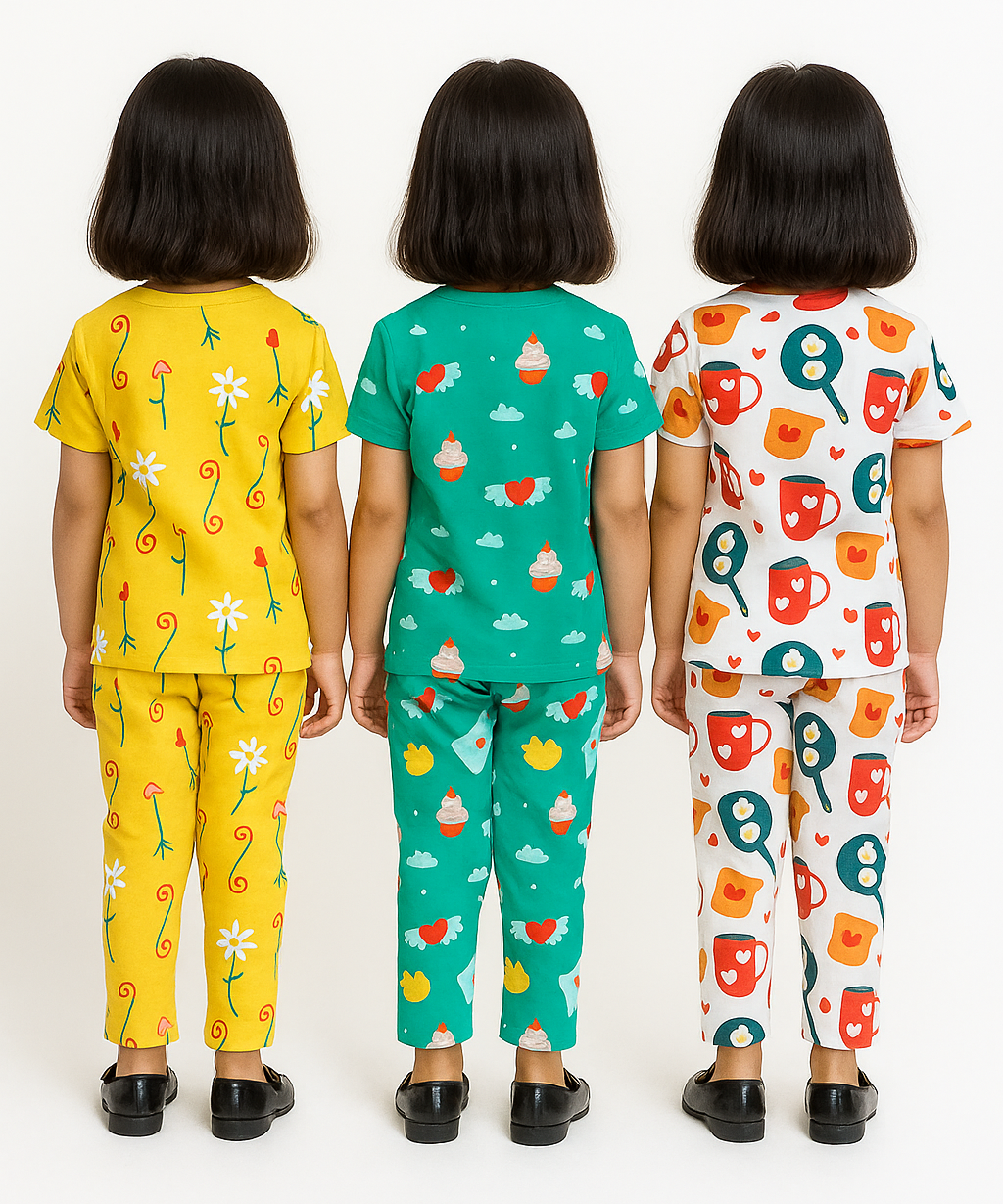 Girl Kids All Over Printed Co-ord Set | Tshirt and Pant | Age 3 to 6 Years (Pack of 3 Sets)