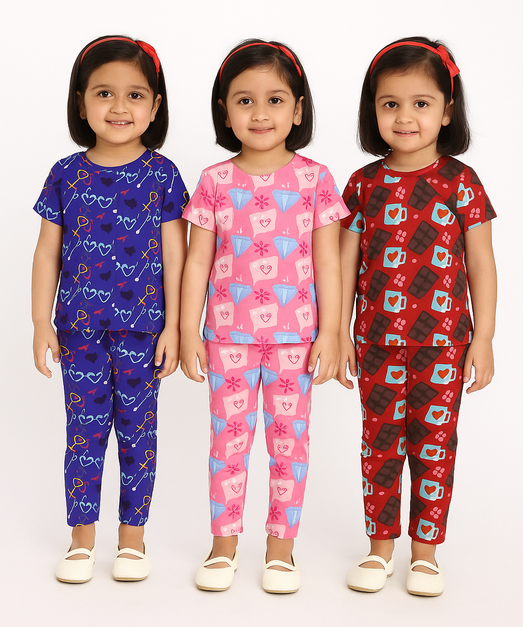 Girl Kids All Over Printed Co-ord Set | Tshirt and Pant | Age 3 to 6 Years (Pack of 3 Sets)