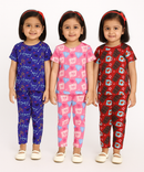 Girl Kids All Over Printed Co-ord Set | Tshirt and Pant | Age 3 to 6 Years (Pack of 3 Sets)