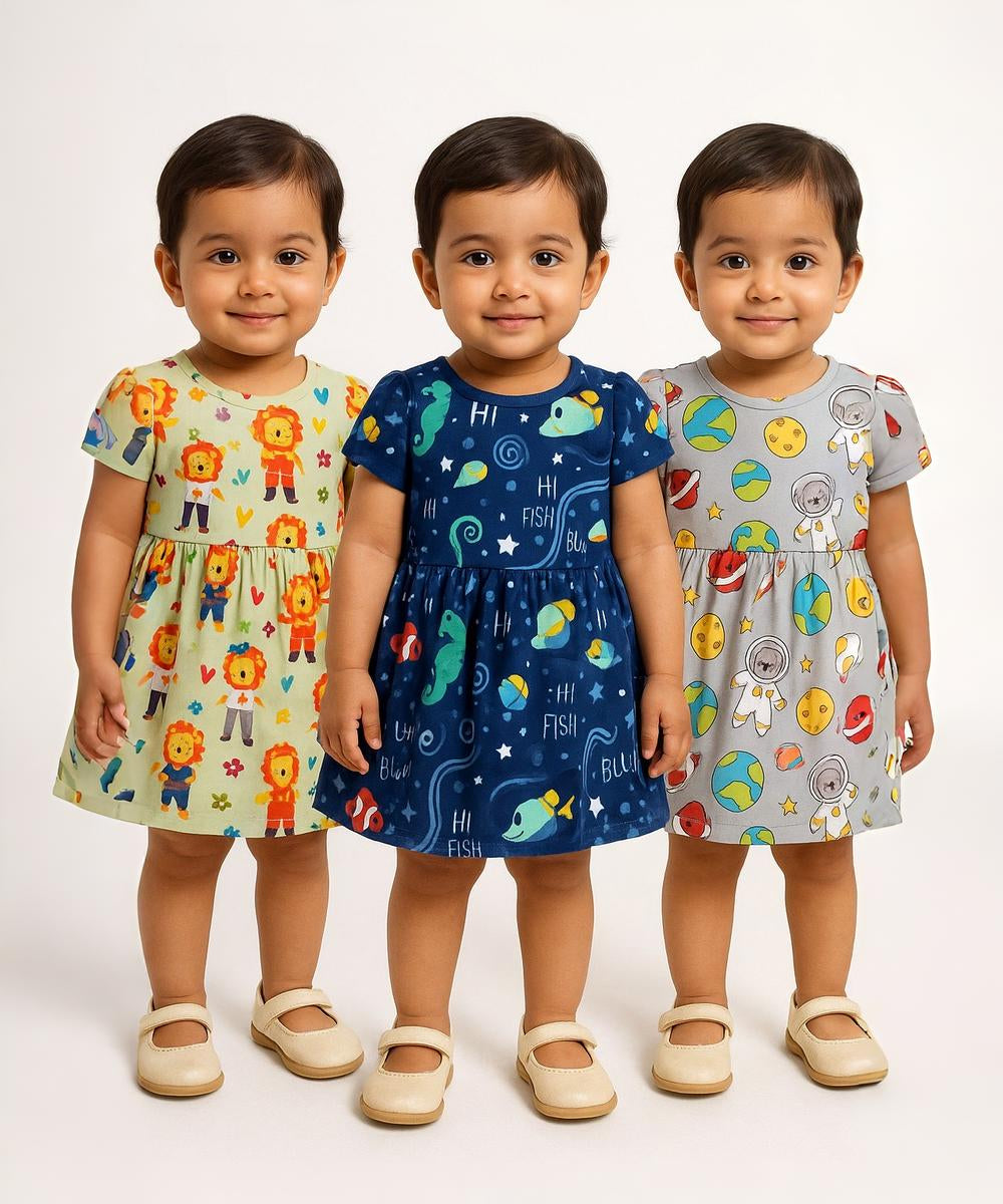 Girl Baby Frock 100% Cotton Floral Printed Gown Dress/Frock Dress | Age 0 to 12 Months (Pack of 3 Pieces)