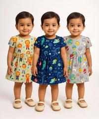Girl Baby Frock 100% Cotton Floral Printed Gown Dress/Frock Dress | Age 0 to 12 Months (Pack of 3 Pieces)