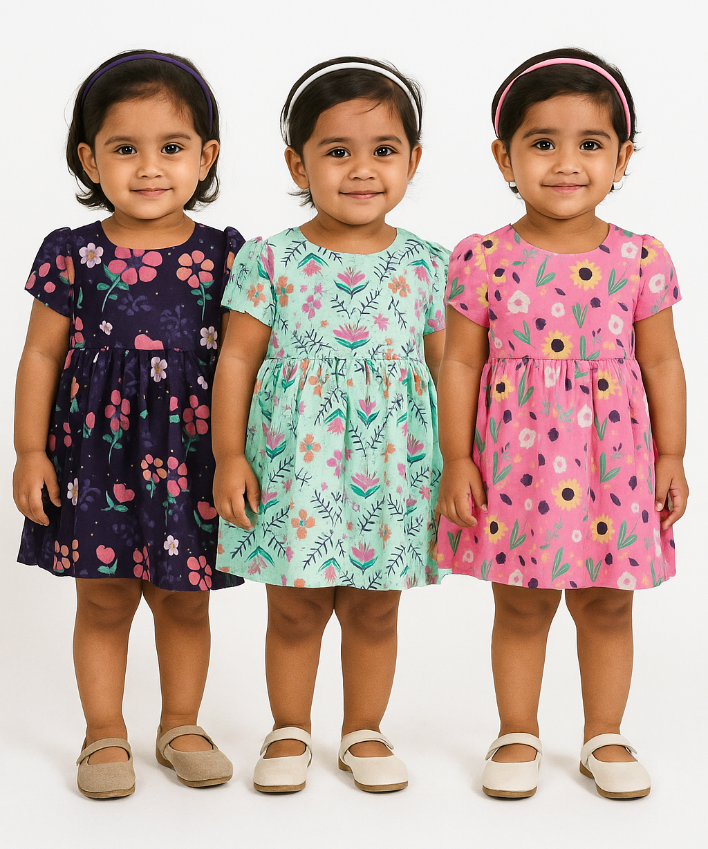 Girl Baby Frock 100% Cotton Floral Printed Gown Dress/Frock Dress | Age 0 to 12 Months (Pack of 3 Pieces)