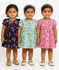 Girl Baby Frock 100% Cotton Floral Printed Gown Dress/Frock Dress | Age 0 to 12 Months (Pack of 3 Pieces)
