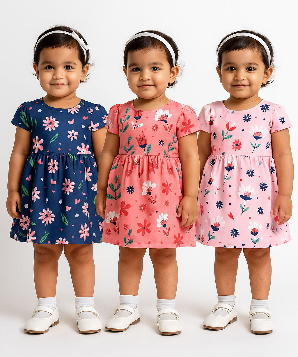 Girl Baby Frock 100% Cotton Floral Printed Gown Dress/Frock Dress | Age 0 to 12 Months (Pack of 3 Pieces)