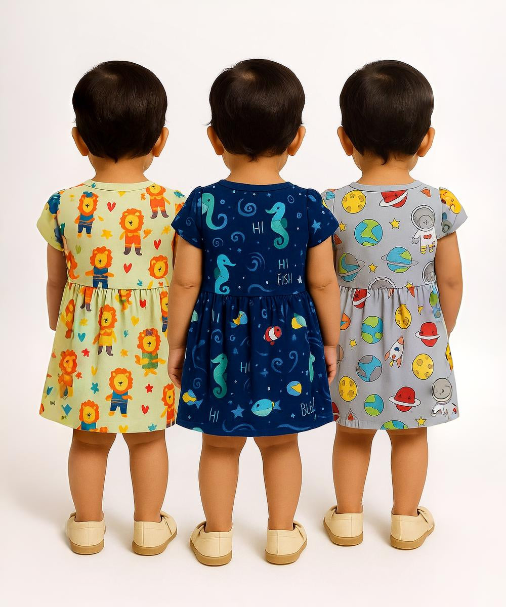 Girl Baby Frock 100% Cotton Floral Printed Gown Dress/Frock Dress | Age 0 to 12 Months (Pack of 3 Pieces)