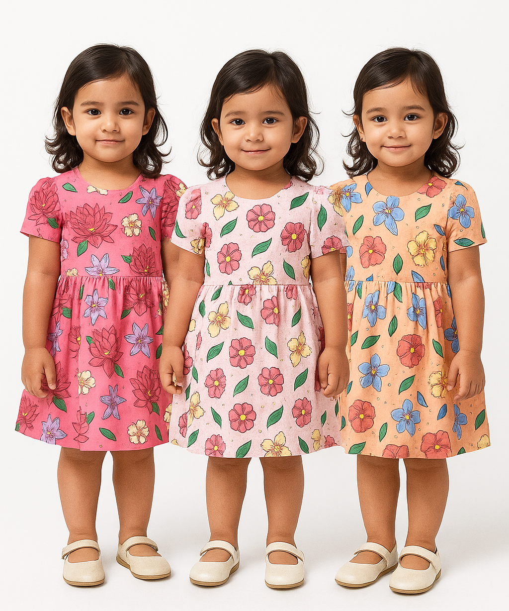 Girl Baby Frock 100% Cotton Floral Printed Gown Dress/Frock Dress | Age 0 to 12 Months (Pack of 3 Pieces)