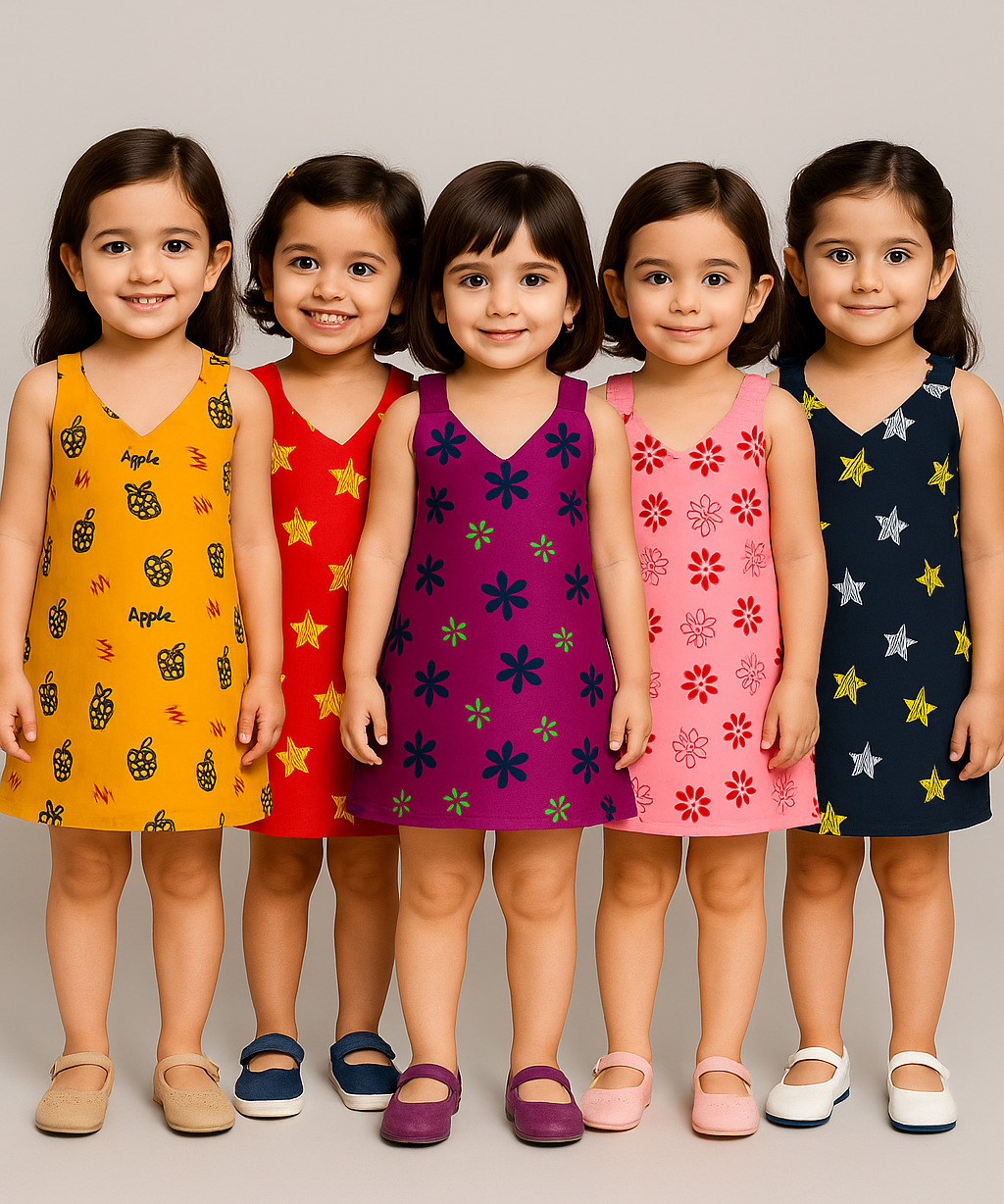 Girls 100% Cotton Printed 1 To 2 Years Gown Dress/Frock Dress (Pack of 5)