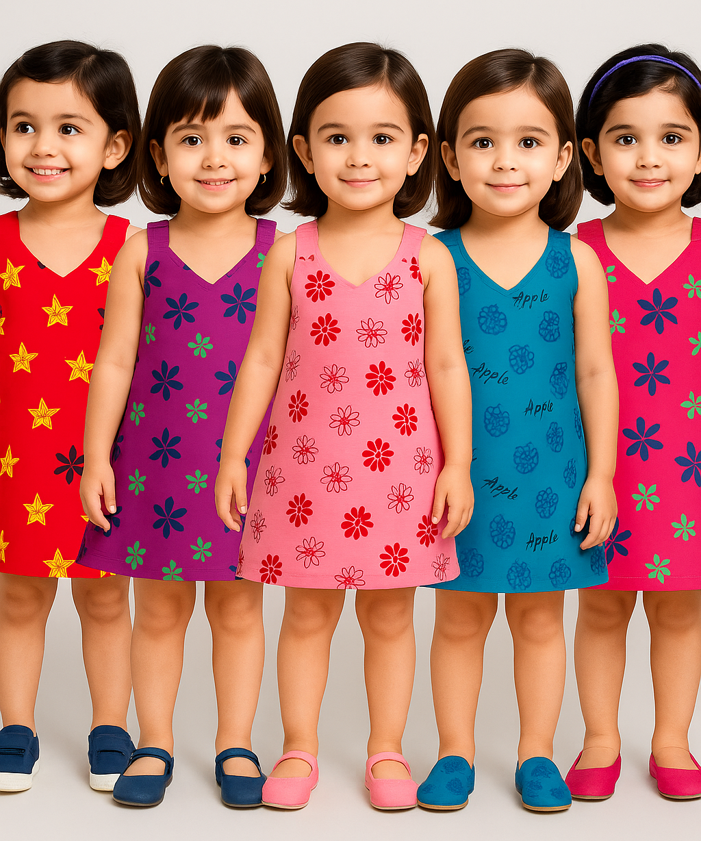 Girls 100% Cotton Printed 2 To 3 Years Gown Dress/Frock Dress (Pack of 5)