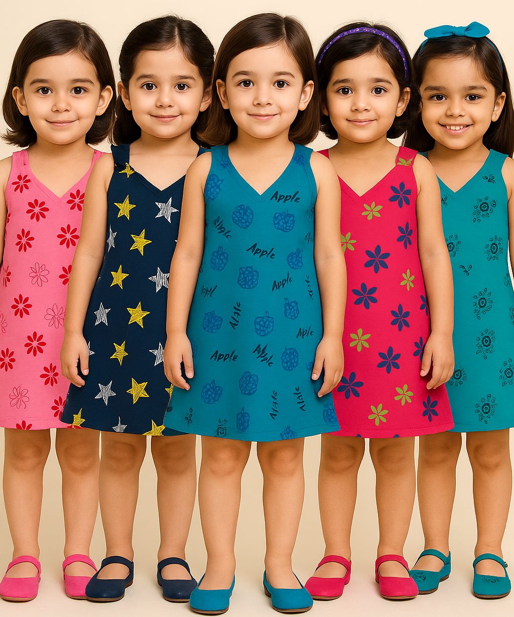 Girls 100% Cotton Printed 4 To 5 Years Gown Dress/Frock Dress (Pack of 5)