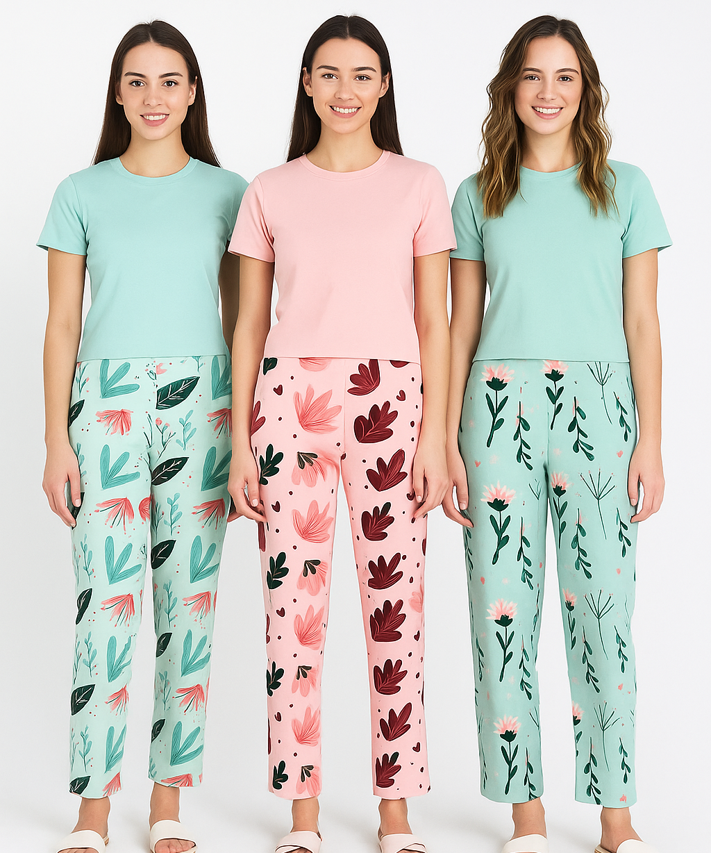 Women's 100% Printed Soft Cotton Night Wear | Track Pant - Pyjama (Pack of 3)