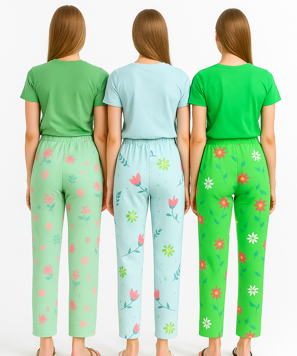 Women's 100% Printed Soft Cotton Night Wear | Track Pant - Pyjama (Pack of 3)