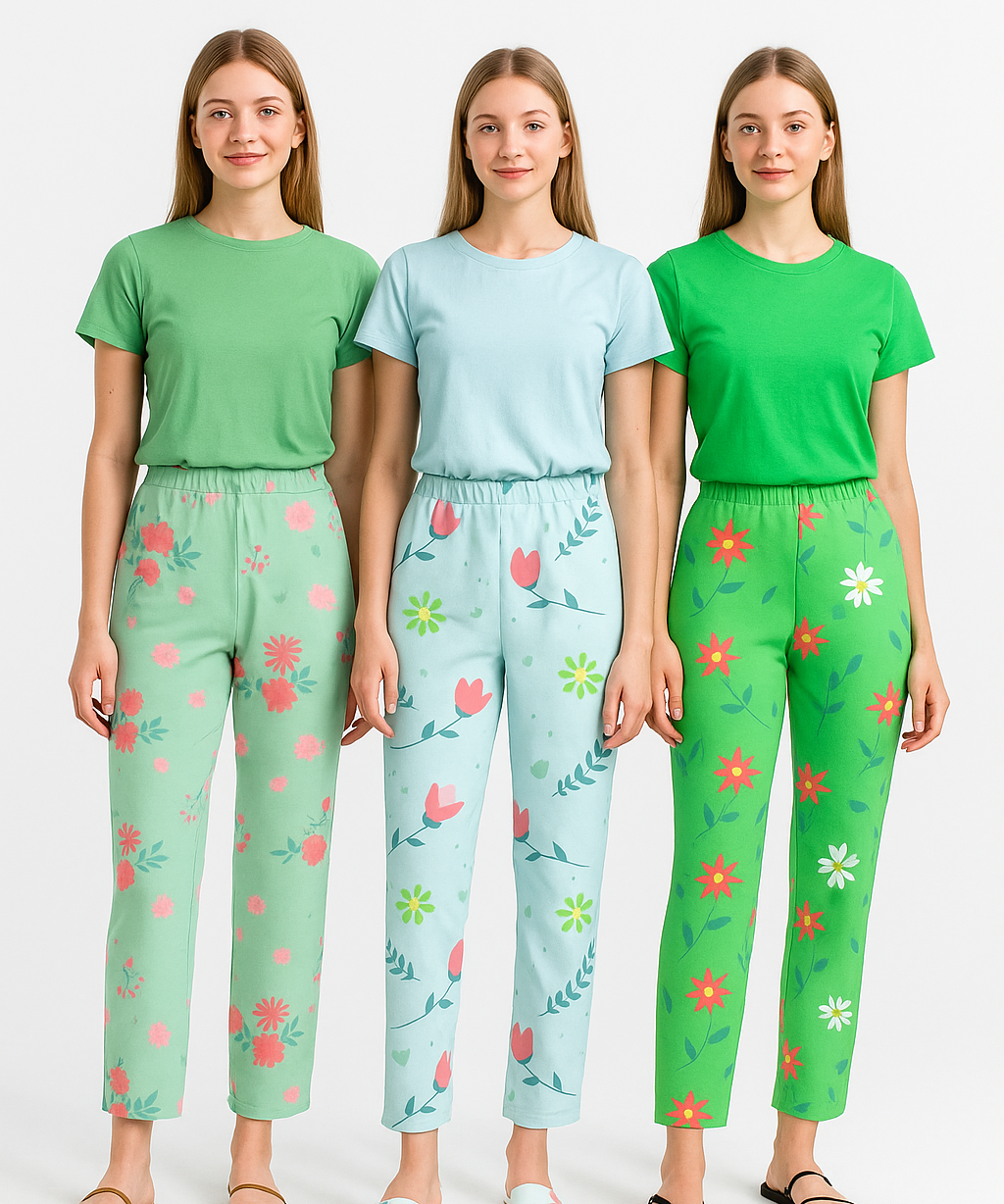 Women's 100% Printed Soft Cotton Night Wear | Track Pant - Pyjama (Pack of 3)