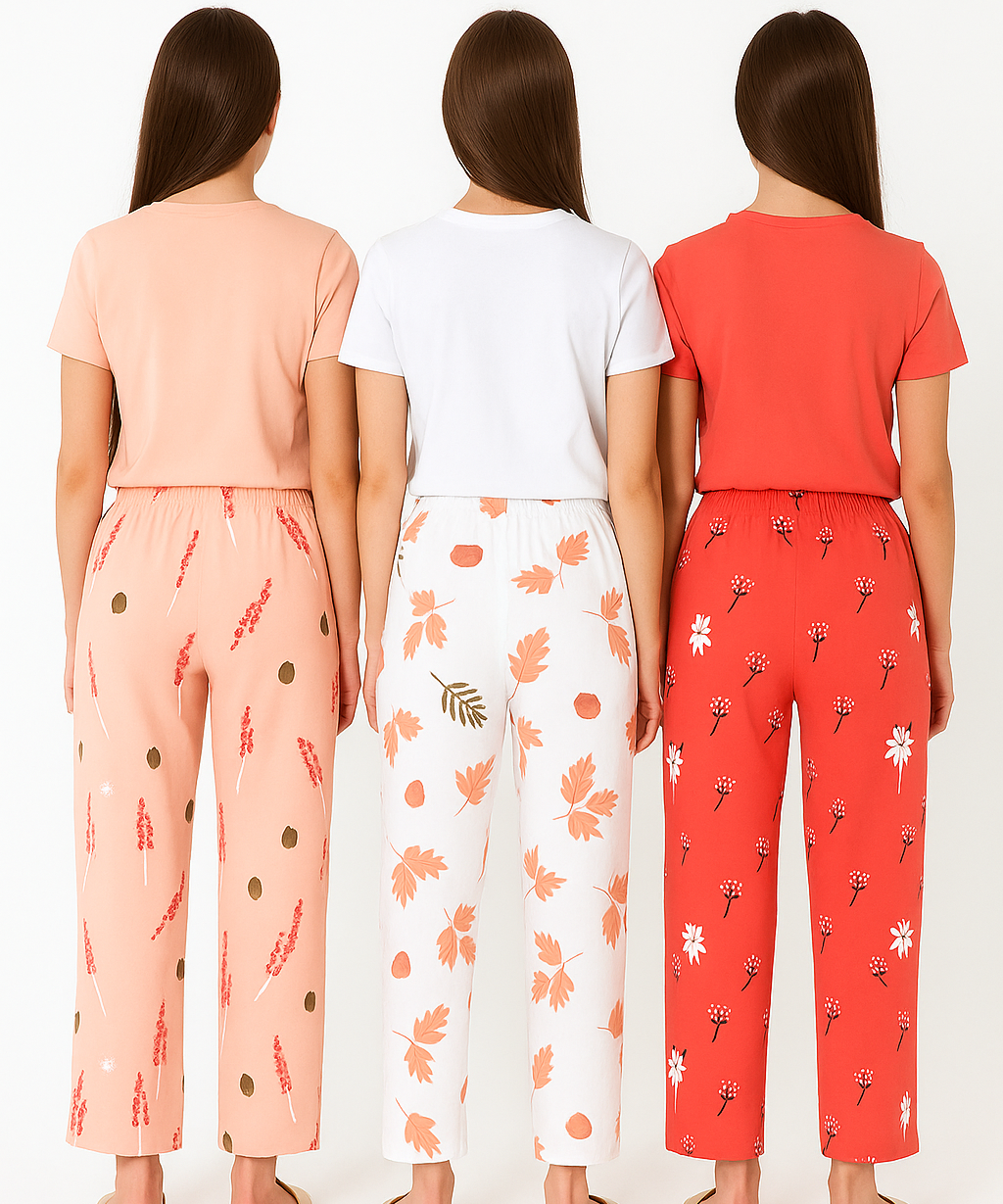 Women's 100% Printed Soft Cotton Night Wear | Track Pant - Pyjama (Pack of 3)