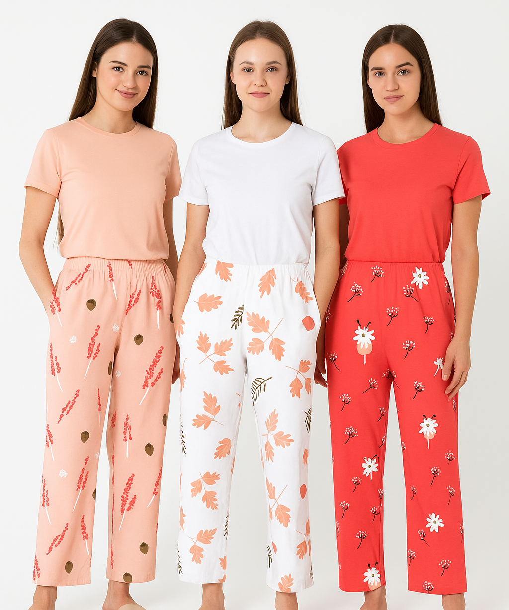 Women's 100% Printed Soft Cotton Night Wear | Track Pant - Pyjama (Pack of 3)