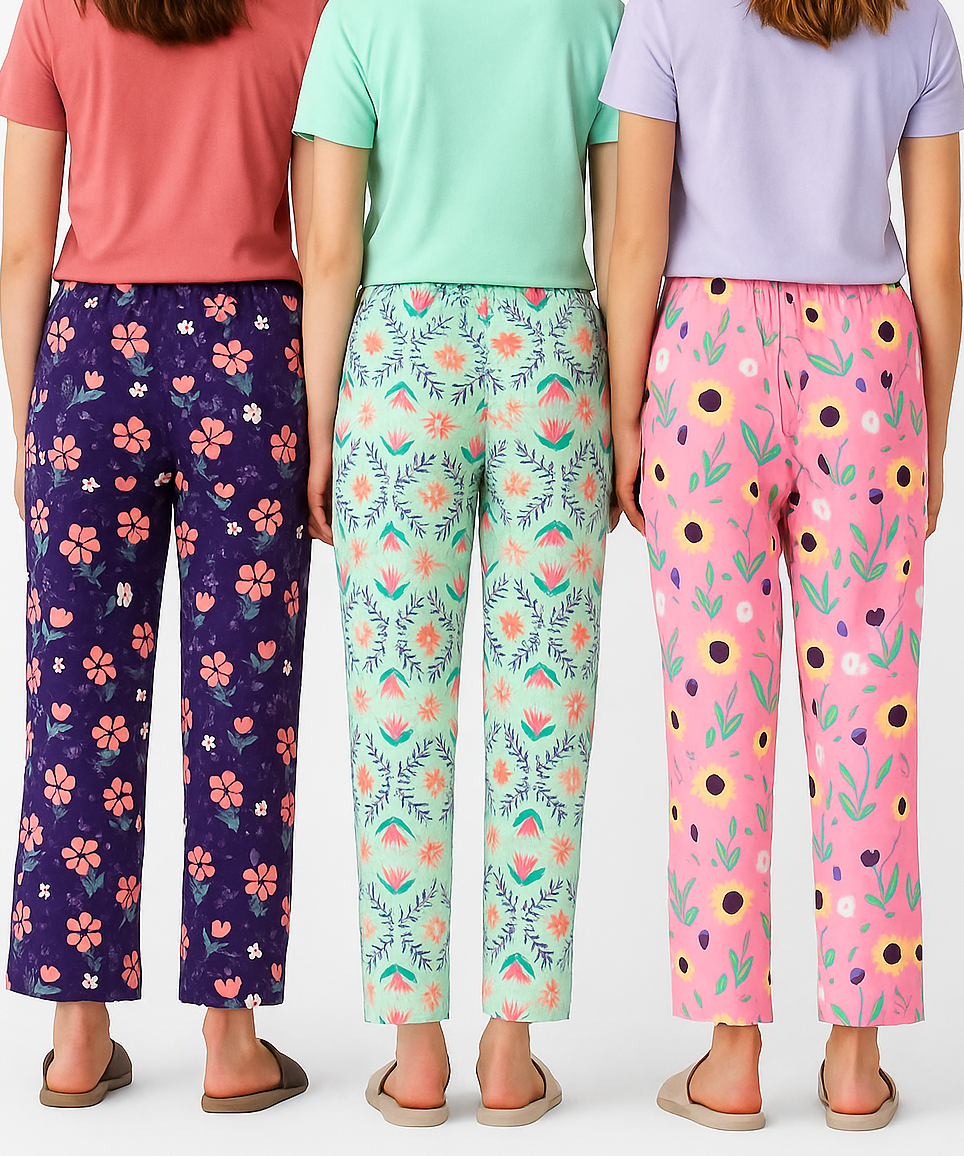 Women's 100% Printed Soft Cotton Night Wear | Track Pant - Pyjama (Pack of 3)